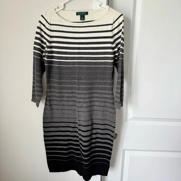 Lauren Ralph Lauren Gray Striped Sweater Dress Size Medium Gray Black White Fall - Picture 3 of 12